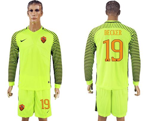 Roma #19 Becker Shiny Green Goalkeeper Long Sleeves Soccer Club Jersey